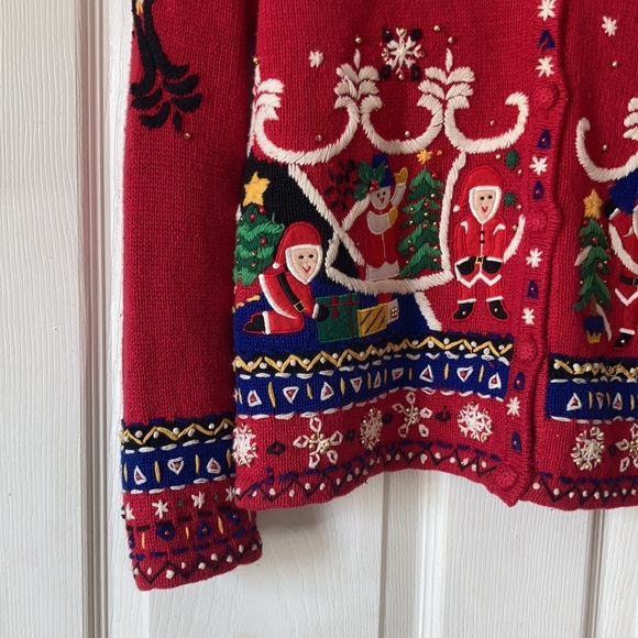 Designers originals vtg red Santa crew neck button front ugly Christmas sweater - Picture 7 of 16